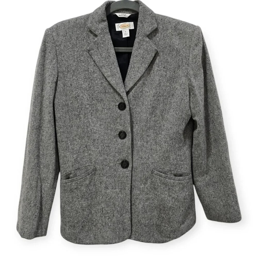 Talbots Gray Tweed Size 4 3 Button Italian Wool Blend Blazer Structured
